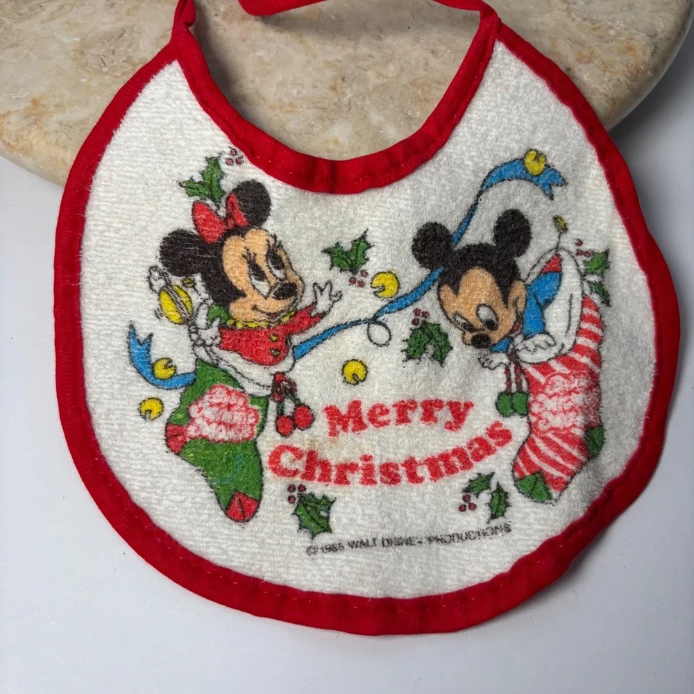 Vintage 1984 Walt‎ Disney Mickey Minnie Mouse Merry Christmas Baby Bib Tie Back